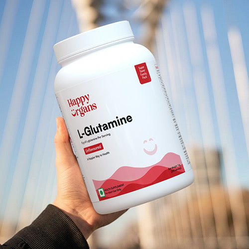 Happy Organs L-Glutamine powder bottle for muscle recovery and overall wellness